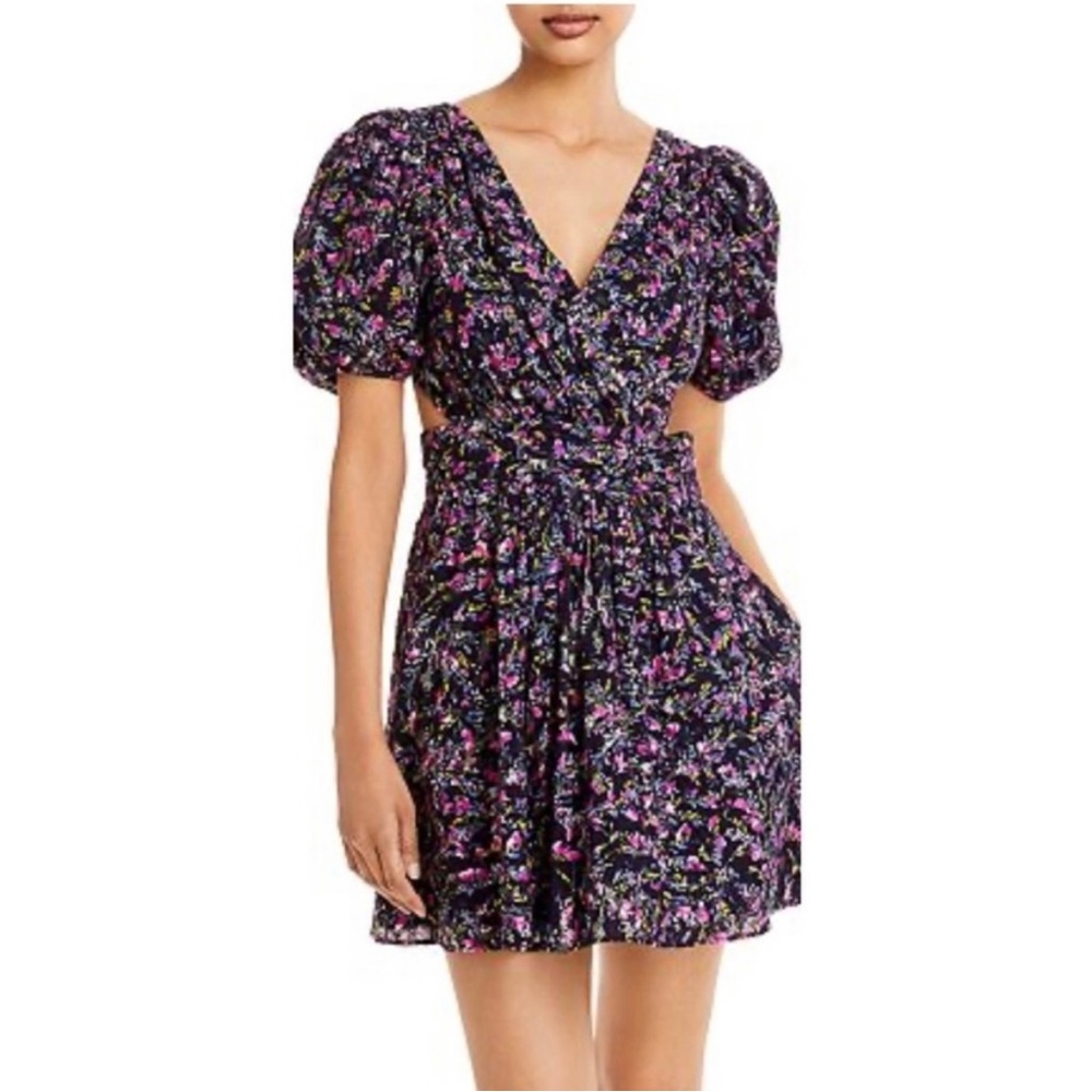 French Connection Navy Blue & Pink Floral Puff Sleeve Flora Cutout Mini Dress